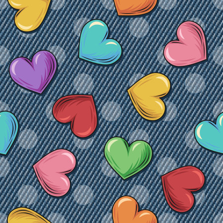 Summer denim pattern with colorful hearts, polka dot ornament behind. Scattered objects on blue jeans texture. Groovy, hippie, naive style for apparel, fabric, textile, designのイラスト素材