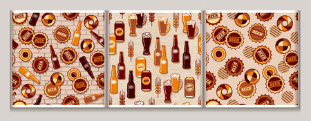 Seamless patterns with icons of beer bottle, cans, beer drink glasses, bottle caps, circular geometric shapes. Textured background. Good for branding, decoration of beer package. Simple flat styleのイラスト素材