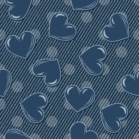 Summer denim pattern with hearts, polka dot ornament behind. Scattered objects on blue jeans texture. Groovy, hippie, naive style for apparel, fabric, textile, design. Monochrome negative illustrationのイラスト素材