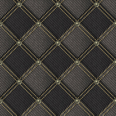 Seamless dark gray denim pattern with fabric patches, double stitching, rivets. Detailed checkered background.のイラスト素材