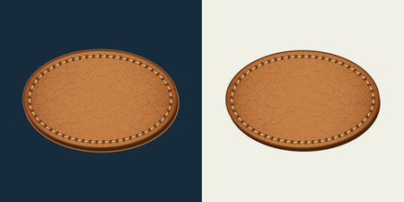 Leather oval empty label with stitching. Detailed textured vintage design element on black, white background. For denim styleのイラスト素材