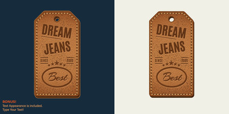 Leather textured rectangular label with text, stitching, rivets. Text graphic style is included. Detailed vintage illustration on dark, white background. Design element for denim styleのイラスト素材