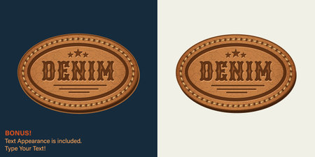 Leather textured oval label with text, stitching, rivets. Text graphic style is included. Detailed vintage illustration on dark, white background. Design element for denim styleのイラスト素材