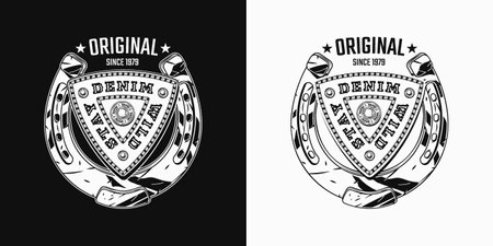 Monochrome logo with steel horseshoe, leather triangular brand patch, text. Design element in western vintage style. For clothing, t shirt, surface decorationのイラスト素材