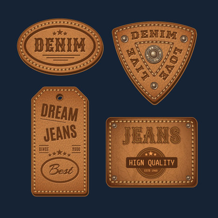 Leather textured labels with text, stitching, rivets. Detailed vintage illustration on dark background. Design elements for denim styleのイラスト素材