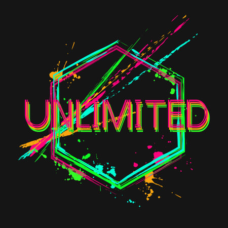 Hexagonal label with text Unlimited, paint brush strokes, splattered paint of neon bright colors. Abstract geometric composition. Grunge style for sports goods, prints, clothing, t shirt designのイラスト素材