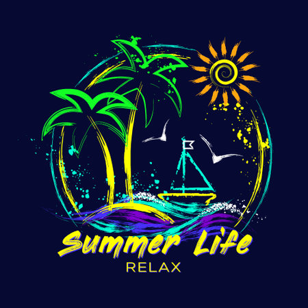 Summer holiday circular emblem with tropical island, yacht, sun icon, ocean waves, text. Paint brush strokes, splattered paint. Bright glowing neon fluorescent colors. Outline, contour illustrationsのイラスト素材