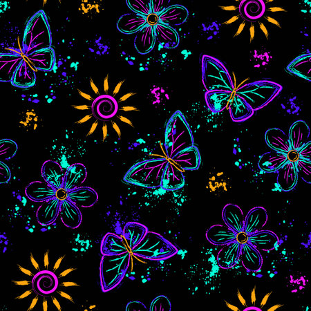 Seamless fluorescent fantasy pattern with sun, butterfly, paint brush strokes, spattered paint. Bright glowing neon colors. Outline, contour illustrations. Virtual surreal nature background.のイラスト素材