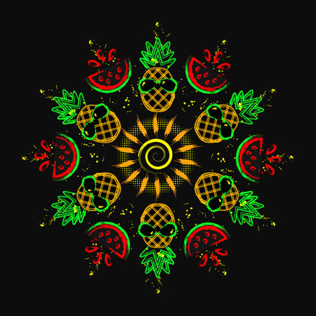 Circular composition like mandala with sun icon, pineapple, watermelon, splattered paint. Glowing neon bright colors. Outline, contour illustrations.のイラスト素材