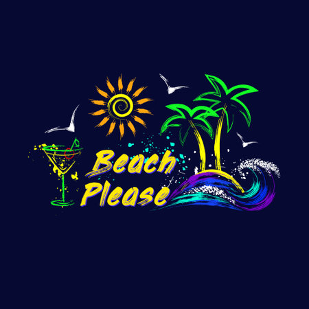 Summer holiday label, emblem with tropical island, sun icon, ocean waves, text. Paint brush strokes, splattered paint. Bright glowing neon fluorescent colors. Outline, contour illustrationsのイラスト素材