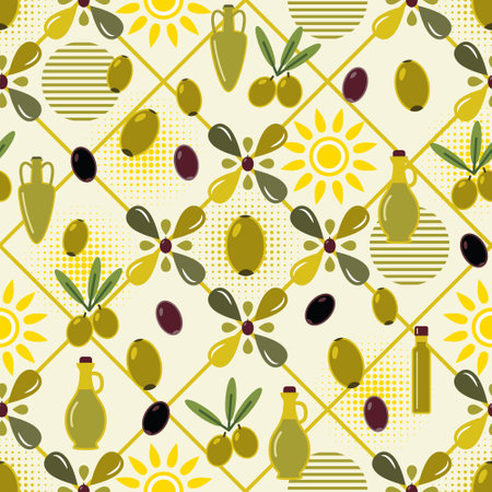 Seamless olive oil themed pattern with icons, geometric shapes in square diagonal grid. Simple flat style. For branding, decoration of food package, decorative printのイラスト素材