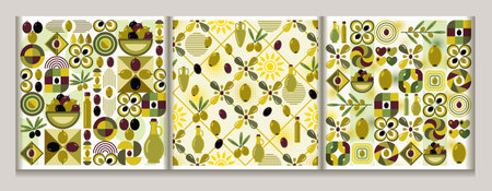 Seamless patterns with olive berry icons, abstract block geometric shapes. Flat simple geometric style. For branding, decoration of food package, decorative print for kitchenのイラスト素材