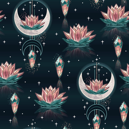 Seamless mysterious pattern with lotus flower, magic glowing crystals, crescent moon, scattered stars, sparkles. Mysterious, mystical concept for meditation, clear consciousness. Vintage style.のイラスト素材