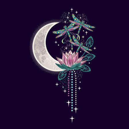 Vertical colorful celestial composition with lotus flower, flying fantasy dragonflies, moon crescent, stars. Mysterious, mystical concept. Vintage style.のイラスト素材