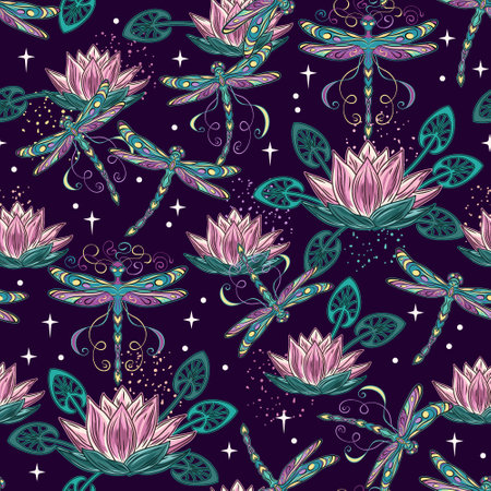 Colorful fantasy seamless pattern with lotus flower, flying fantasy dragonflies, dragonfly pixie, faerie, stars. Mysterious, fairytale concept. Vintage style.のイラスト素材