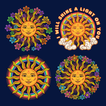 Summer compositions with sun with smiling face, chamomile flowers, text. Groovy, hippie, boho style...