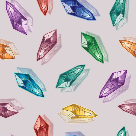 Pattern with color monochrome crystal gems on white background. Magical, glowing minerals inside. Fantasy, mystical concept. Ruby, sapphire, emerald, topaz amethyst gems. Vintage styleのイラスト素材