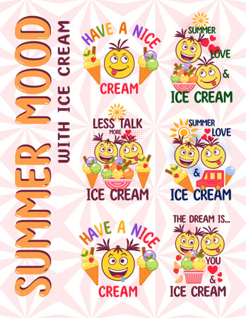 Poster with funny romantic colorful labels with ice cream sundae, crazy emoji love couple, text, hearts. Simple minimal style. For prints, clothing, t shirt design, wall art, advのイラスト素材