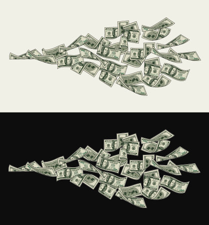 Money dollar horizontal composition with flying out 100 dollar notes, banknotes, bills. Illustration, design element in vintage style.のイラスト素材