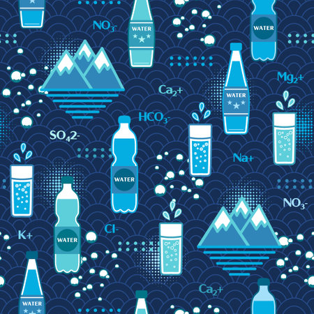 Seamless pattern with mineral water icons, design elements in flat simple geometric style. For branding, decoration of food package, cover design, textile kitchen printsのイラスト素材