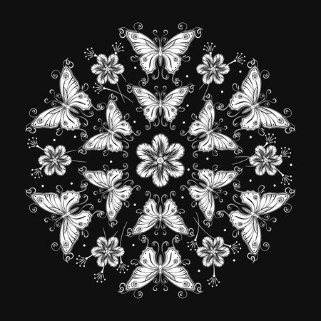Circular black and white ornament like mandala with chamomile flowers, fantasy butterfly with curled antennae in Art Nouveau style. Black background. Vintage style.のイラスト素材