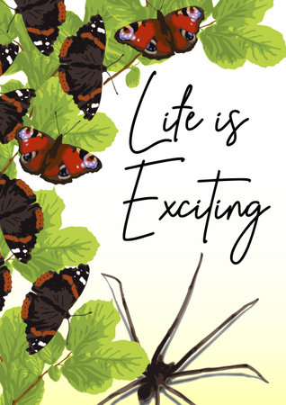 Bright summer poster with copy space with green lush foliage, leaves, butterflies with spread wings, big spider, text. Concept of Vertical nature backdrop. A4 paper size.のイラスト素材
