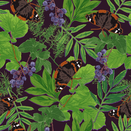Dark summer seamless pattern with green lush foliage, leaves, bunches of ripe blueberries, admiral butterfly. Floral botanical background.のイラスト素材