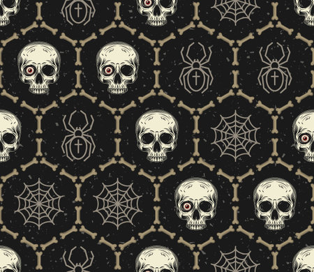 Geometric Halloween pattern with bones, half skull without jaw, spider, spider web, red eyeball. Textured dark background, hexagonal grid pattern. Vintage style.のイラスト素材