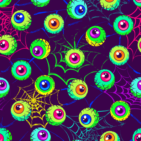Seamless neon pattern with scattered colorful eyeballs, distorted spider web behind. Surreal, psychedelic illustration in vintage style for Halloween holiday.のイラスト素材