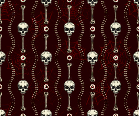 Geometric Halloween pattern with vertical stripes with broken bones, half human skull on textured with spider web dark red background. Vintage style.のイラスト素材