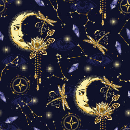 Mystic pattern with moon, zodiacal constellations, flying dragonfly, magic crystals. All seeing eye on dark blue background. Astrology, alchemy, boho, magic, mystery concept.のイラスト素材