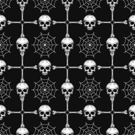 Geometric Halloween pattern with square grid with spider web, broken bones, half skull without jaw on black background. Classic grid pattern. Vintage style.のイラスト素材