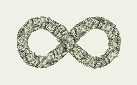 Money dollar composition in form of infinity symbol made with 100 dollar notes, banknotes. Illustration for business, banking concepts. Design element in vintage style.のイラスト素材