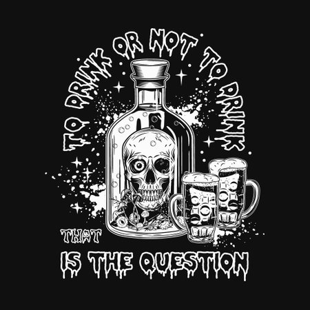 Label with bottle with poison with human skull inside, text Drink or not to Drink. Beer glass with poisonous potion. Halloween creepy illustration in vintage styleのイラスト素材