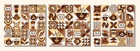 Patterns with icons for Black tea, design elements in simple geometric style. Seamless background...