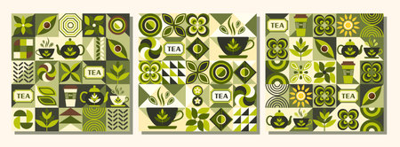 Patterns with icons for Green tea, design elements in simple geometric style. Seamless background with abstract shapes. For branding, decoration of food package, cover design, textile kitchen printsのイラスト素材