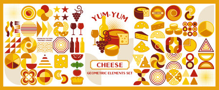 Cheese set with logo, design elements in flat simple style. Icons, abstract geometric shapes. Good for branding, decoration of food packaging, decorative print, backgroundsのイラスト素材
