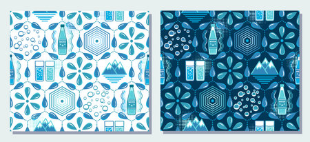 Seamless patterns with mineral water icons, design elements in flat simple geometric style. For...