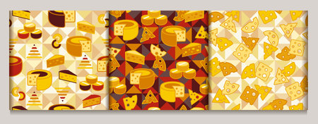 Seamless pattern with icons of Cheese slices, pieces and wheels on mosaic background. Flat simple geometric style. Random scattered objects. For branding, food packaging, printsのイラスト素材
