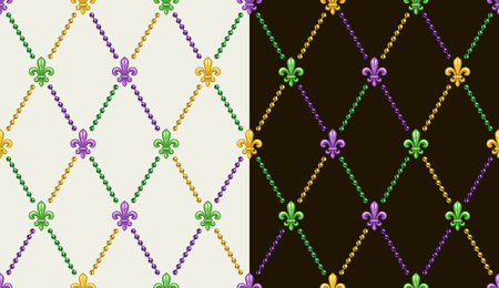 Geometric pattern with colorful fleur de lis symbol. Diagonal rhombus grid. Illustration for Mardi Gras carnival. Vintage style illustrationのイラスト素材
