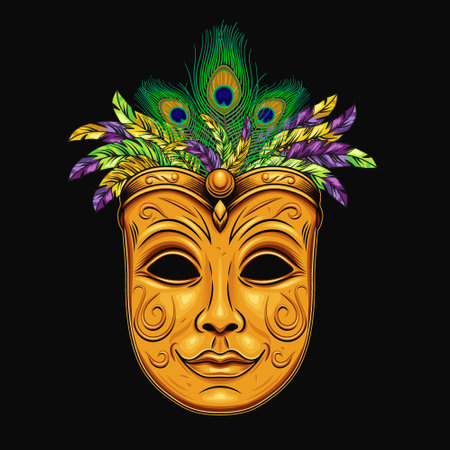 Carnival golden luxury venetian face mask with bundle of colorful feathers on top. Detailed illustration in vintage style. Mardi Gras decoration. Front view.のイラスト素材