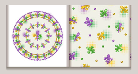 Seamless Mardi Gras pattern, circular composition with fleur de lis symbol, beads, halftone shapes. White background. Vintage styleのイラスト素材