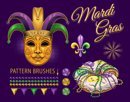 Collection of design elements for Mardi Gras holiday with golden venetian mask in jester holiday hat, king cake, bead strings, holiday trinket, bling, text. Clip art in vintage style.のイラスト素材