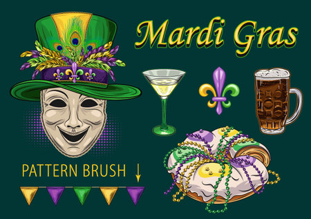 Set of design elements for Mardi Gras holiday with comedy mask in top hat, king cake, alcohol drink, holiday trinket, bling, text. Clip art in vintage style.のイラスト素材