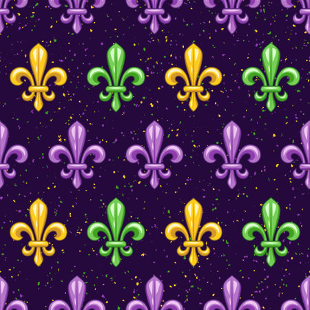 Seamless pattern with fleur de lis, beads, confetti. Mardi gras carnival design. Vintage illustration for prints, clothing, surface designのイラスト素材