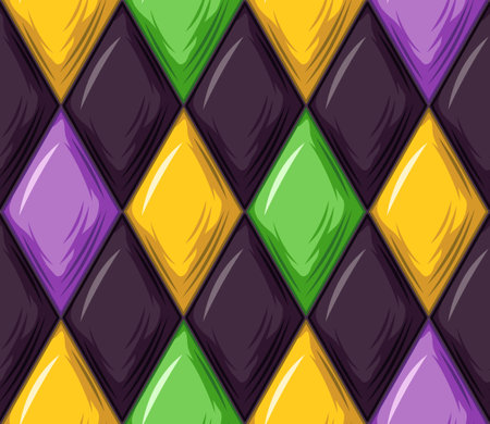 Geometric Mardi Gras pattern with volumetric Harlequin ornament. Diagonal rhombus grid. Vintage styleのイラスト素材