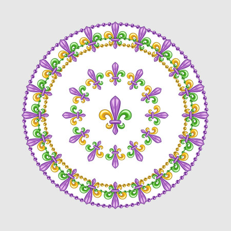 Mardi Gras circular pattern with Fleur de lis sign, beads. Vintage illustration for prints, holiday goods decorationのイラスト素材