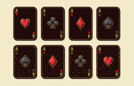 Four ace cards on black textured and black solid color background. Vintage style.