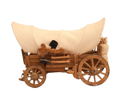 Vintage style wooden cart isolated on white backgroundの写真素材