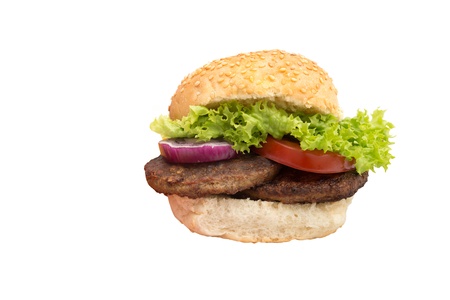 beef burger with tomato, lettuce and onions isolated on white backgroundの写真素材